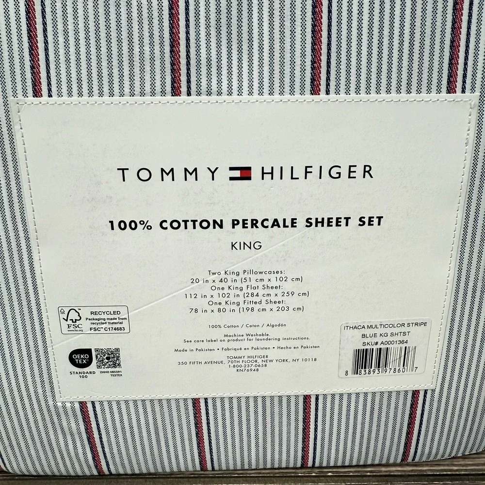 Tommy Hilfiger Ithaca Stripe KING Sheet Set 100% Cotton White Blue Red NEW